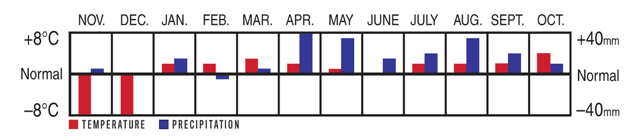 Temperature and Precipitation Chart, November 2022 to October 2023 for Whitehorse, YT